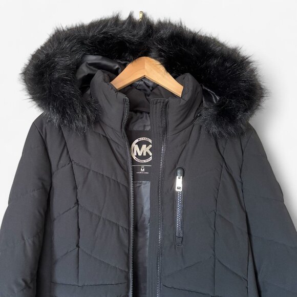 Michael Kors Faux Fur Trim Hooded Black Puffer Coat Size M - Picture 3 of 16